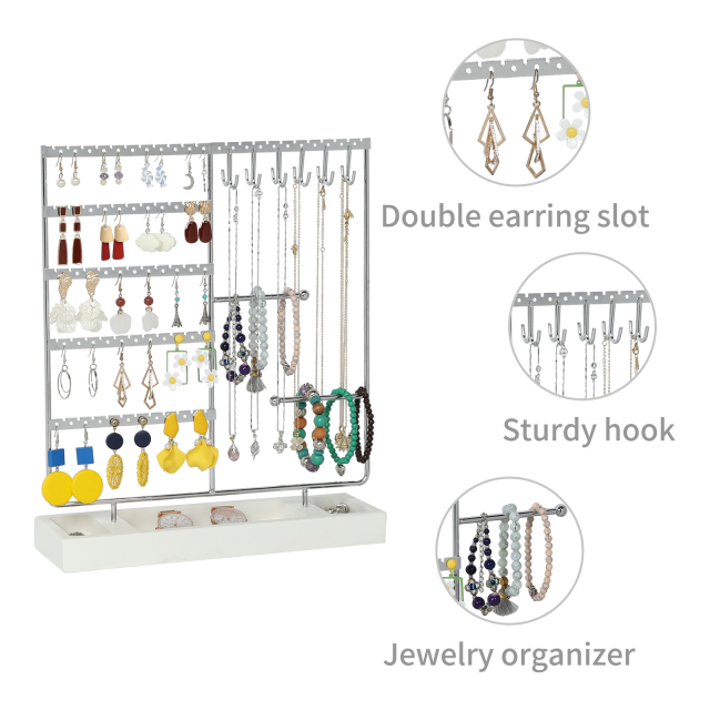 Silver Earring Necklace Holder, Ear Stud Organizer with Wooden Tray