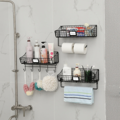 3pcs Foldable Wall Mounted Anti-Rusted Storage Basket with Towel Paper Hook