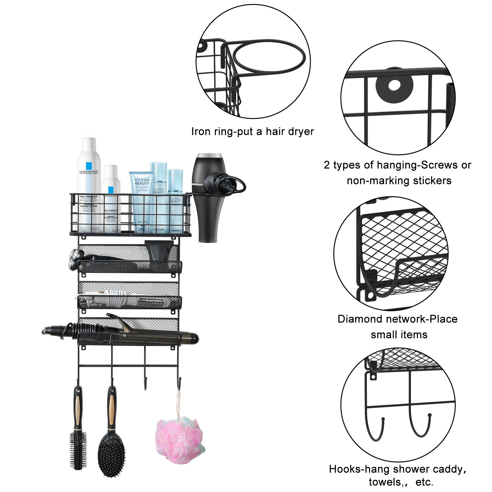 Black 4 Shelf Wall Mounted Hair Dryer Holder Organizer with Hook