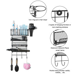 Black 4 Shelf Wall Mounted Hair Dryer Holder Organizer with Hook