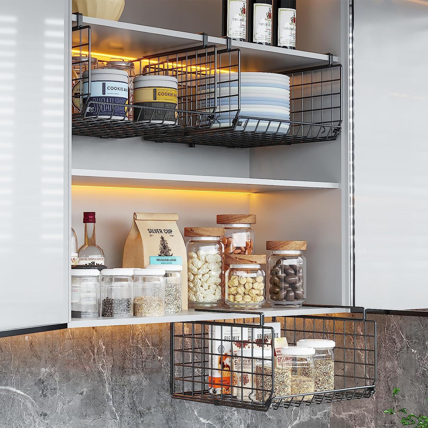 3 Tier Foldable Stackable Under Closet Hanging Shelf Closet Organizer Wire Basket with Hooks
