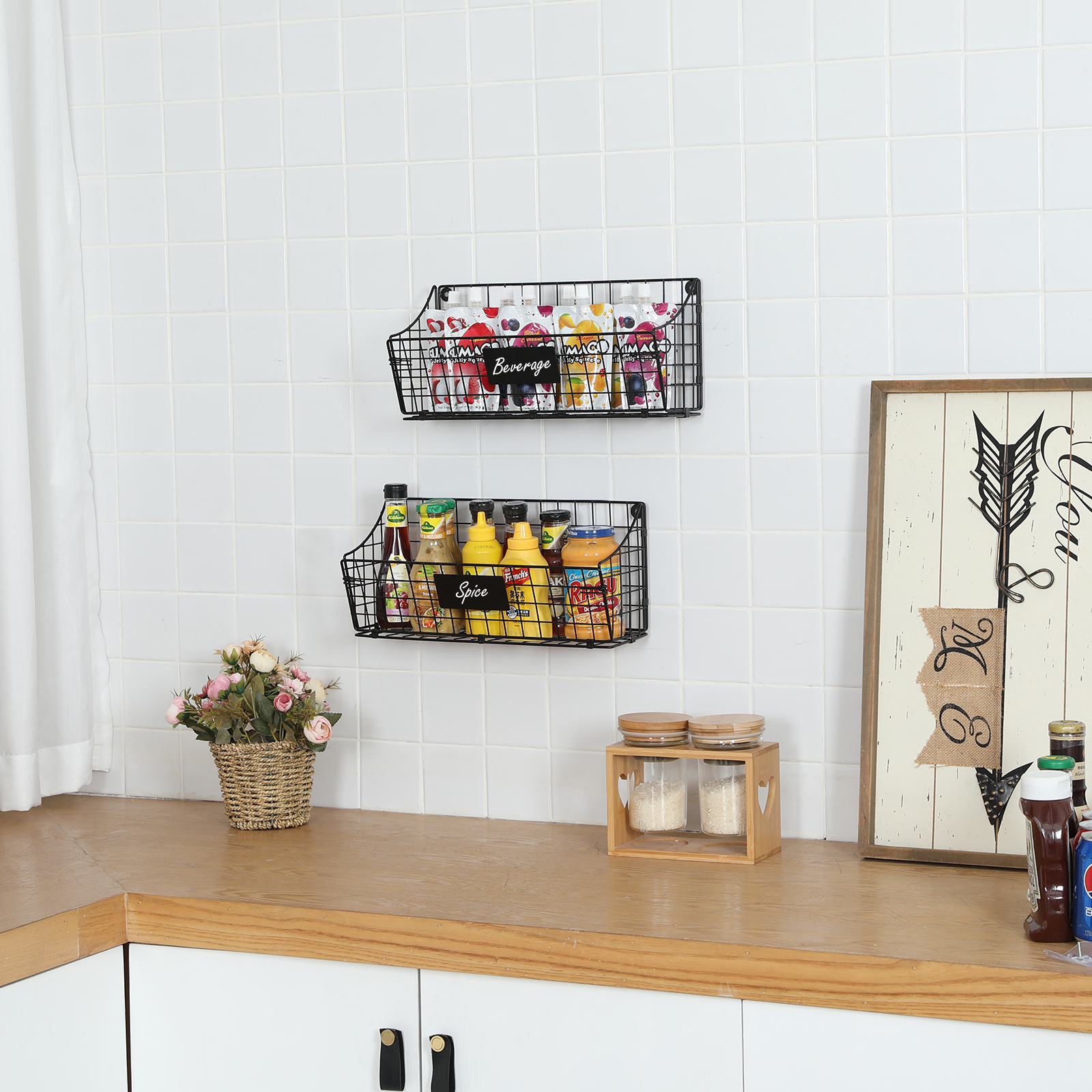 Larger Size 2pcs Foldable Wall Mounted Caddy Storage Wire Basket with Hook