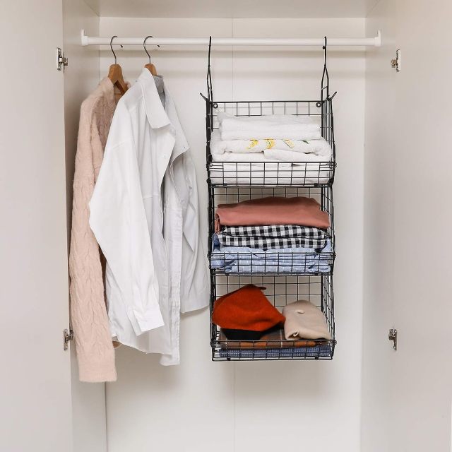 Black 3 Tier Stackable Foldable Hanging Countertop Closet Organizer with Hanging S Hook
