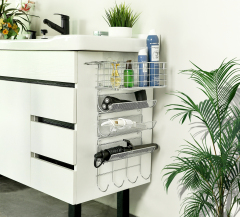 Silver 4 Shelf Wall Mounted Hair Dryer Holder Organizer with Hook