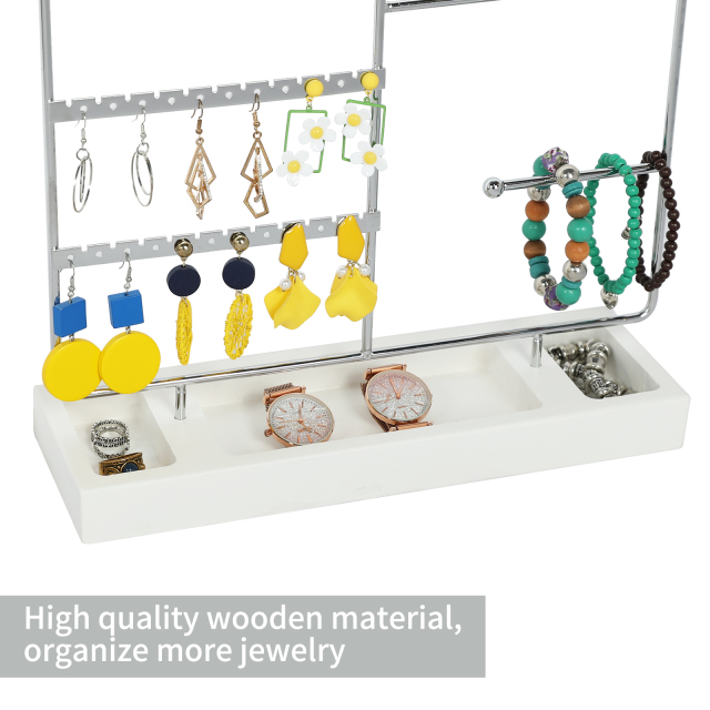 Silver Earring Necklace Holder, Ear Stud Organizer with Wooden Tray