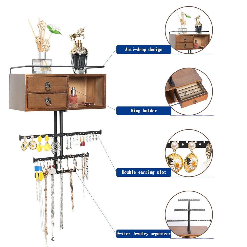 3 Tier Jewelry Necklace Tree Stand Countertop Organizer with Drawer