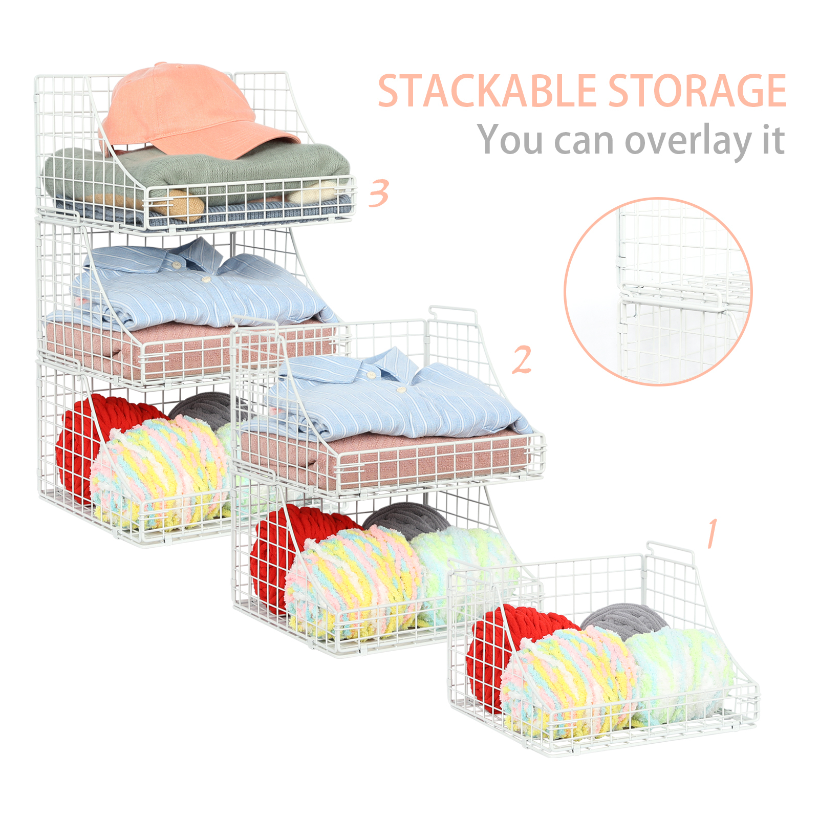 White 3pcs Stackable Foldable Countertop Wall Mounted Wire Basket Closet Organizer