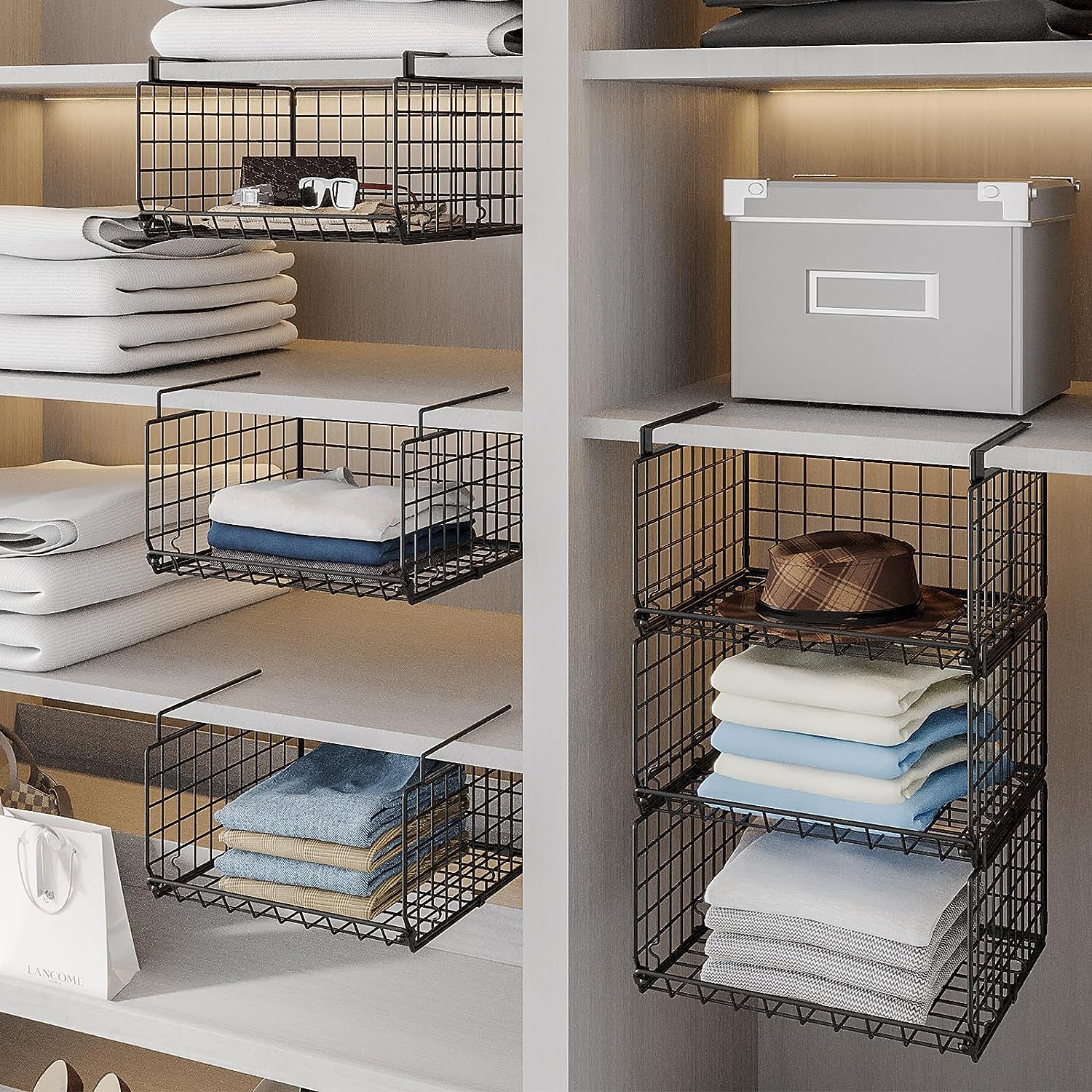 3 Tier Foldable Stackable Under Closet Hanging Shelf Closet Organizer Wire Basket with Hooks