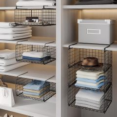 3 Tier Foldable Stackable Under Closet Hanging Shelf Closet Organizer Wire Basket with Hooks