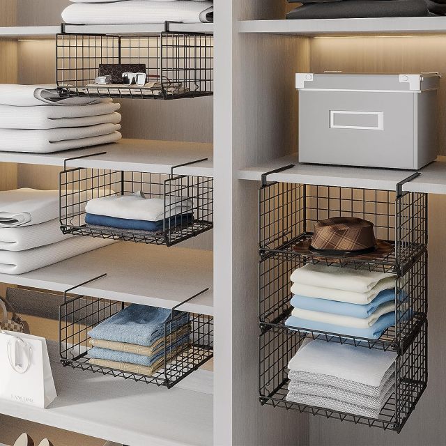 3 Tier Foldable Stackable Under Closet Hanging Shelf Closet Organizer Wire Basket with Hooks