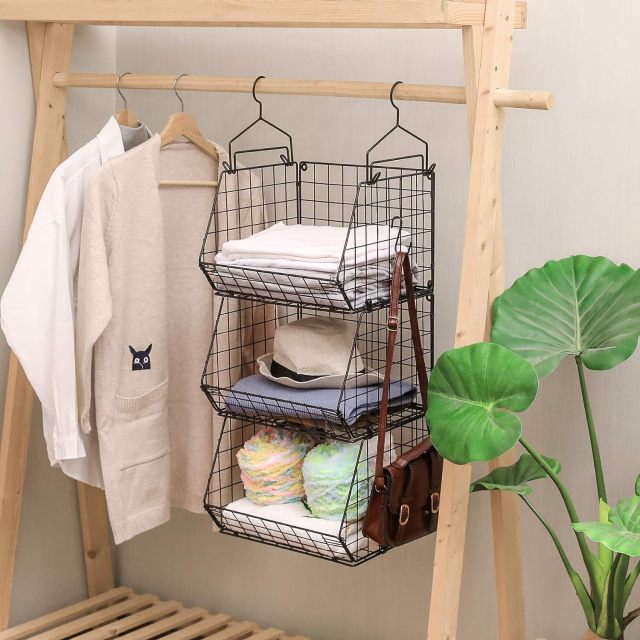 Black 3 Tier Stackable Foldable Hanging Countertop Closet Organizer with Hanging S Hook