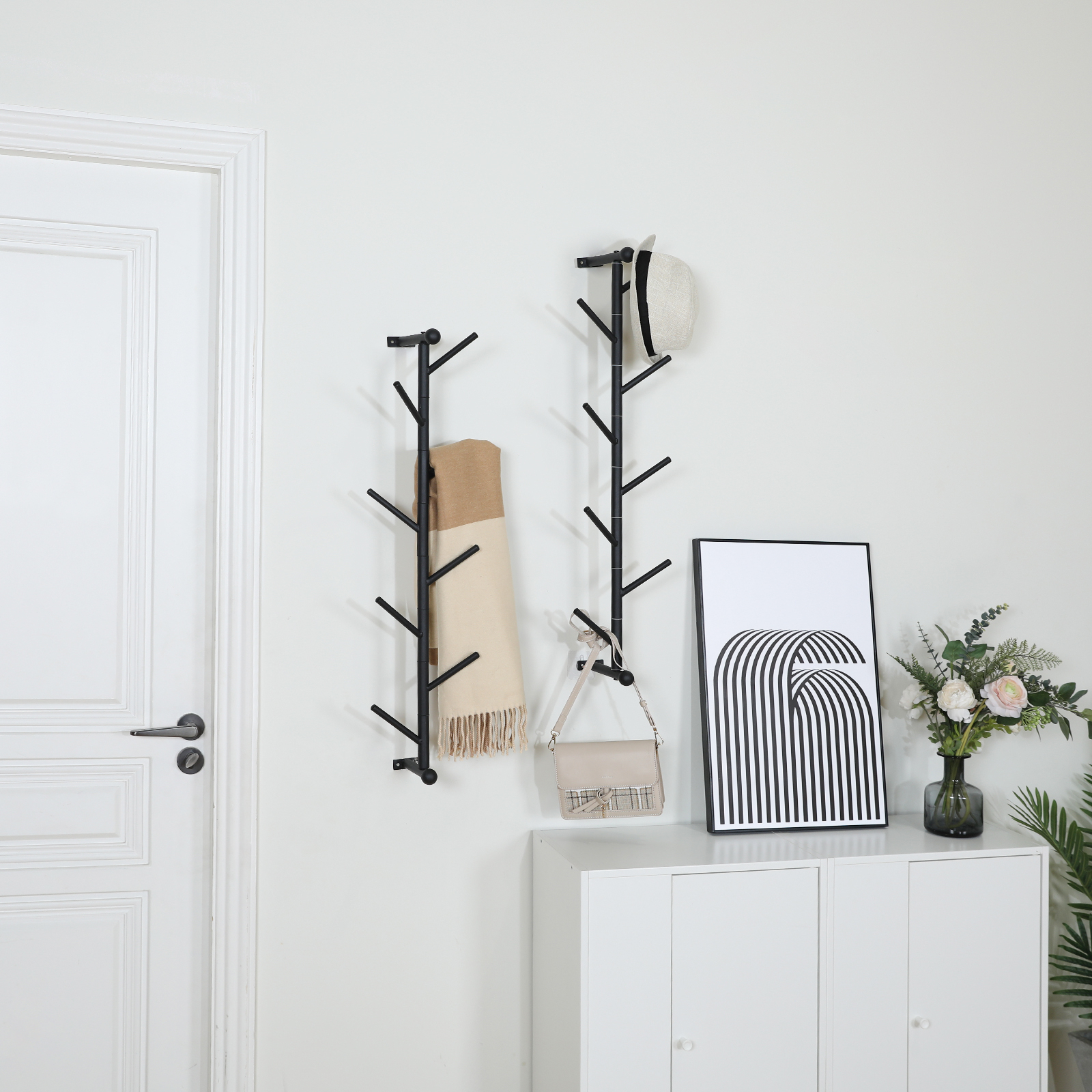 Black DIY 180° Rotary Tree Branch Wall Mounted Coat Cloth Organizer for Entryway