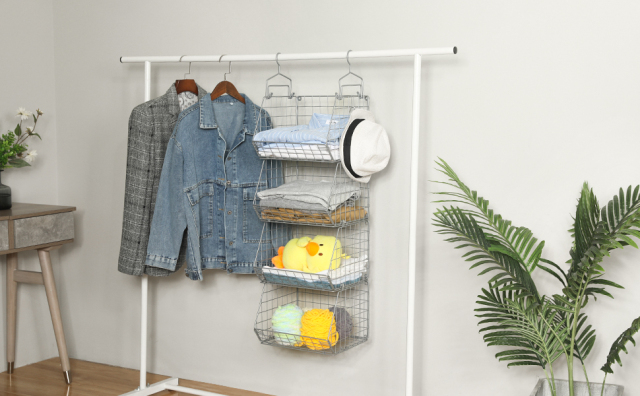 Silver 4 Tier Stackable Foldable Hanging Closet Organizer with Hanging S Hook