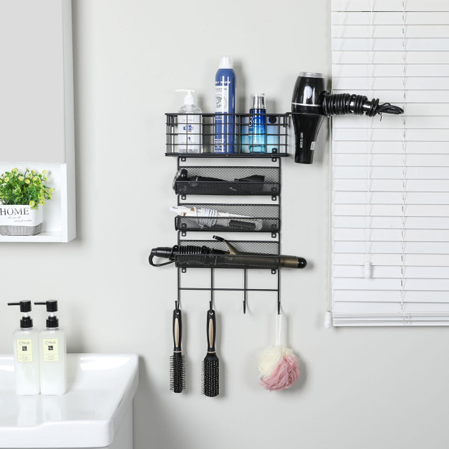 Black 4 Shelf Wall Mounted Hair Dryer Holder Organizer with Hook