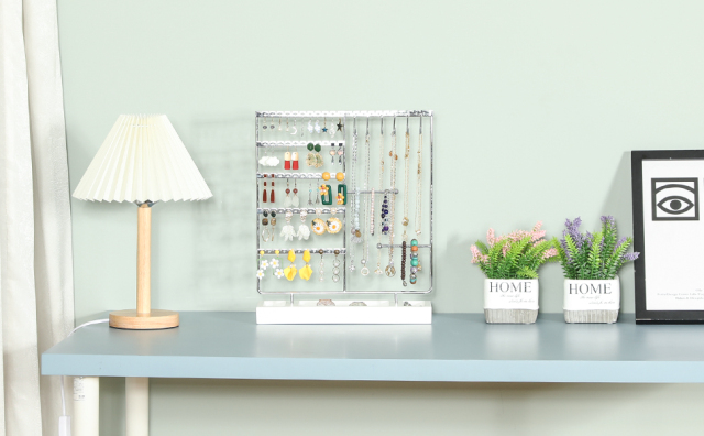 Silver Earring Necklace Holder, Ear Stud Organizer with Wooden Tray