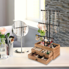 3 Tier Metal Jewelry Necklaces Holder Stand with Wood Basic Storage Box
