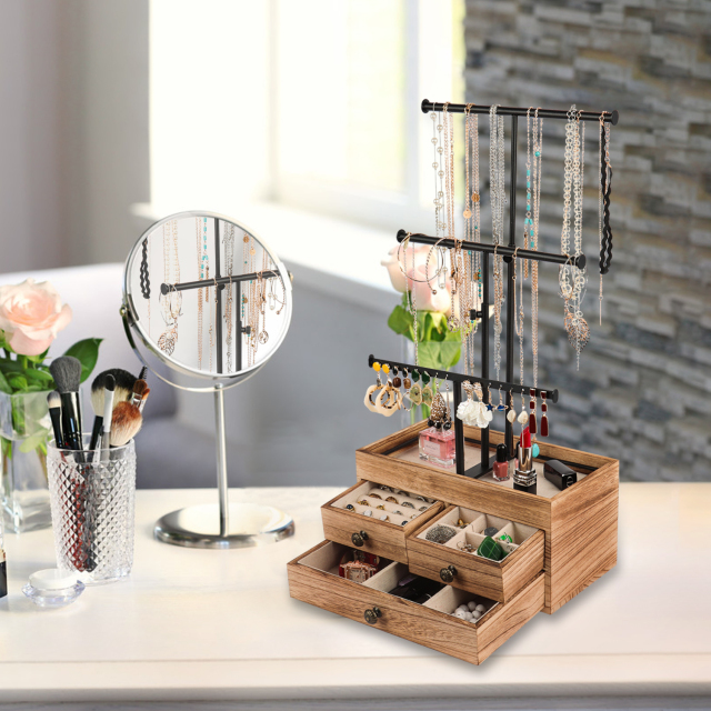 3 Tier Metal Jewelry Necklaces Holder Stand with Wood Basic Storage Box