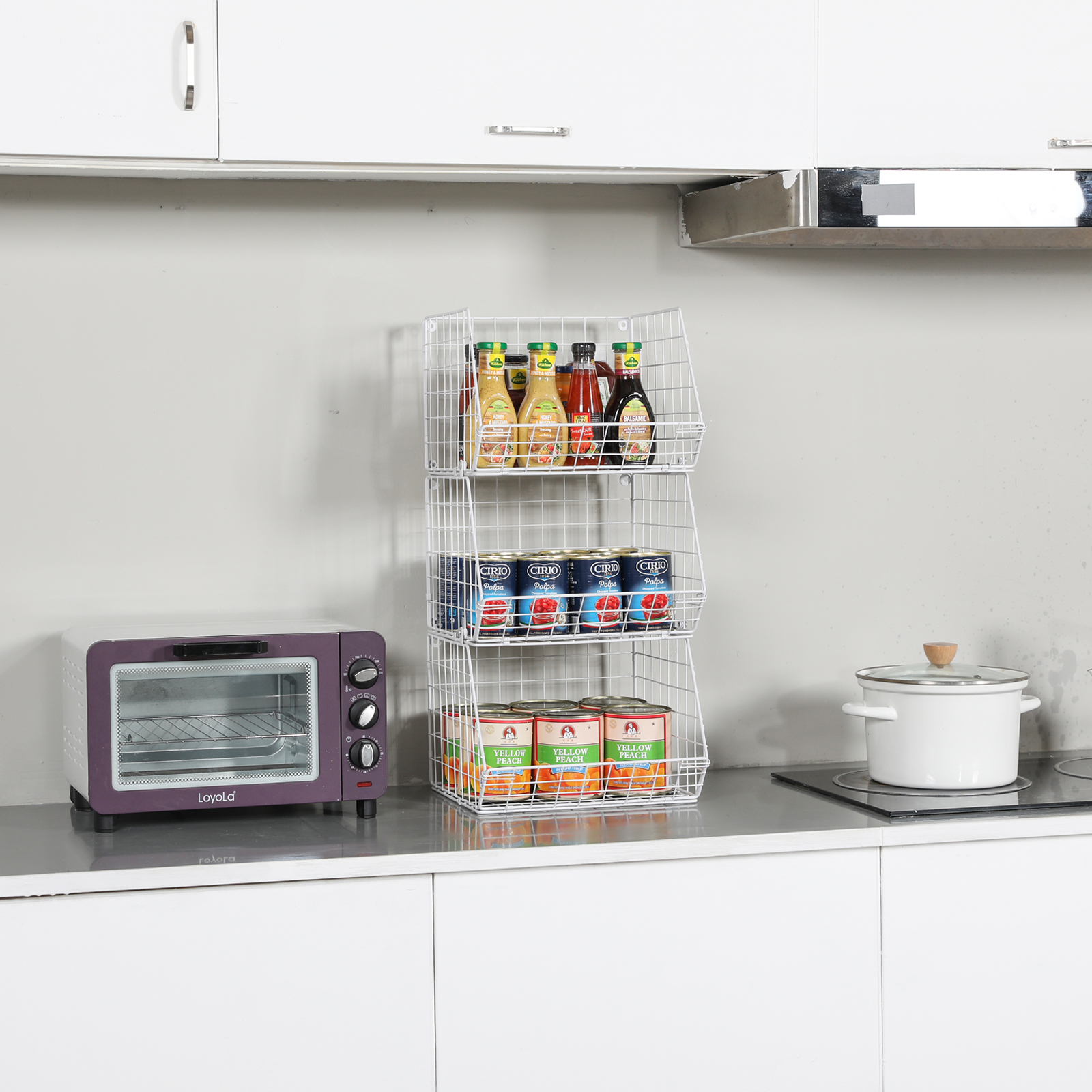 White 3 Tier Stackable Foldable Hanging Countertop Closet Organizer with Hanging S Hook