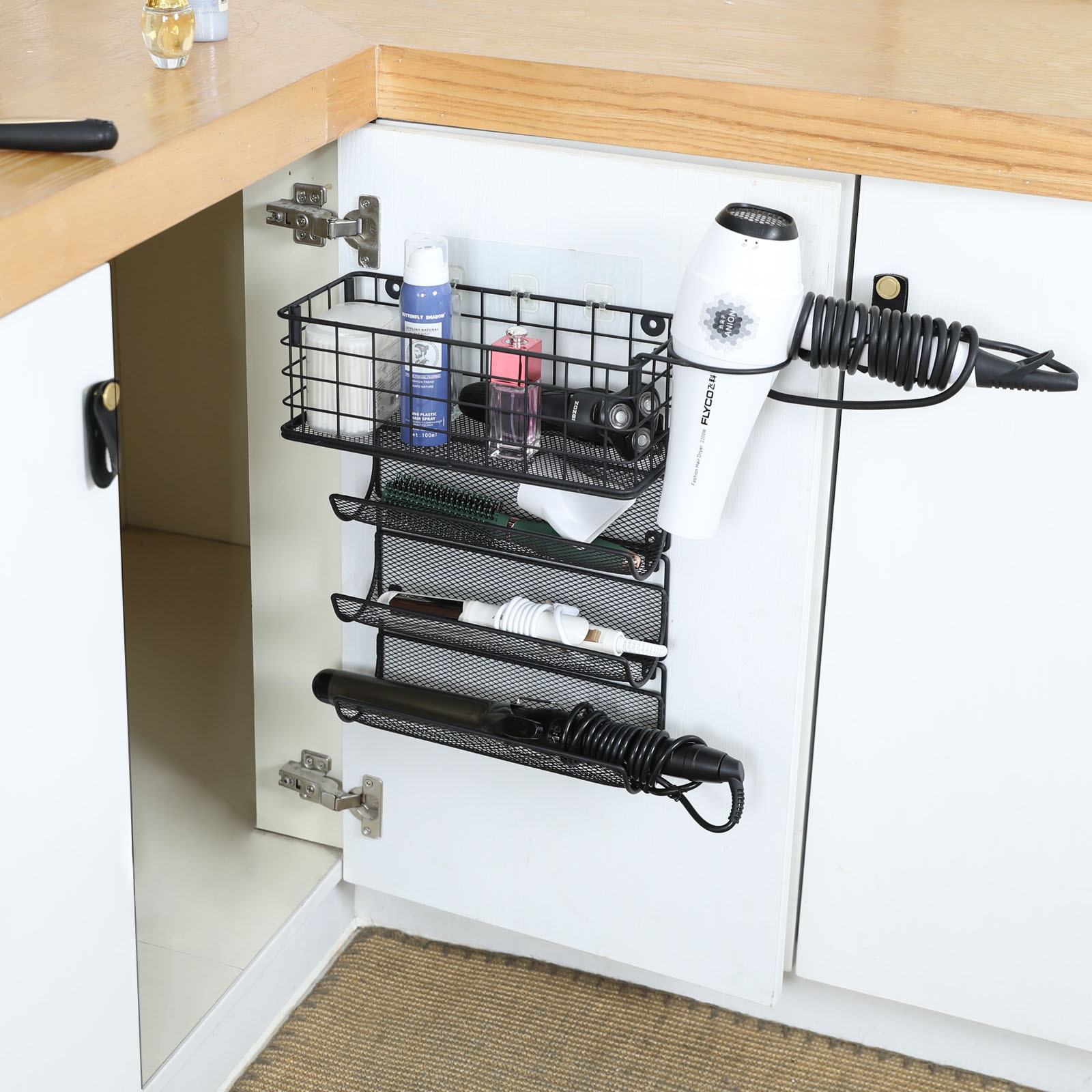 Black 4 Shelf Wall Mounted Hair Dryer Holder Organizer with Hook