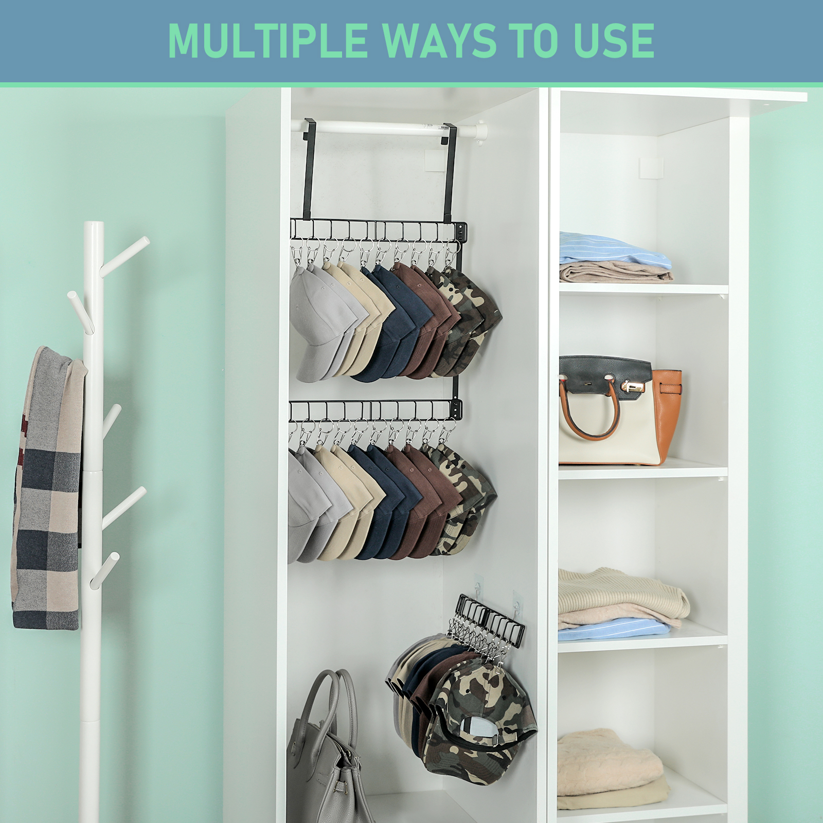 Over the Door Adjustable Metal Hat Holder with Hooks