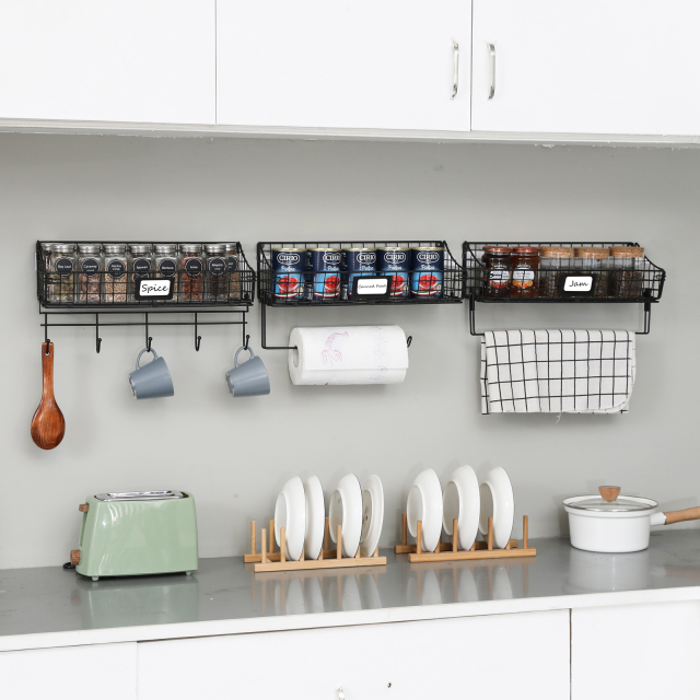 3pcs Foldable Wall Mounted Anti-Rusted Storage Basket with Towel Paper Hook