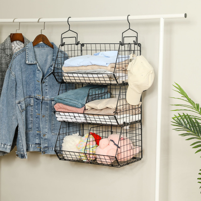 3 Tier Stackable Foldable Hanging Closet Organizer with Divider Coutertop Hanging Clothing Organizer