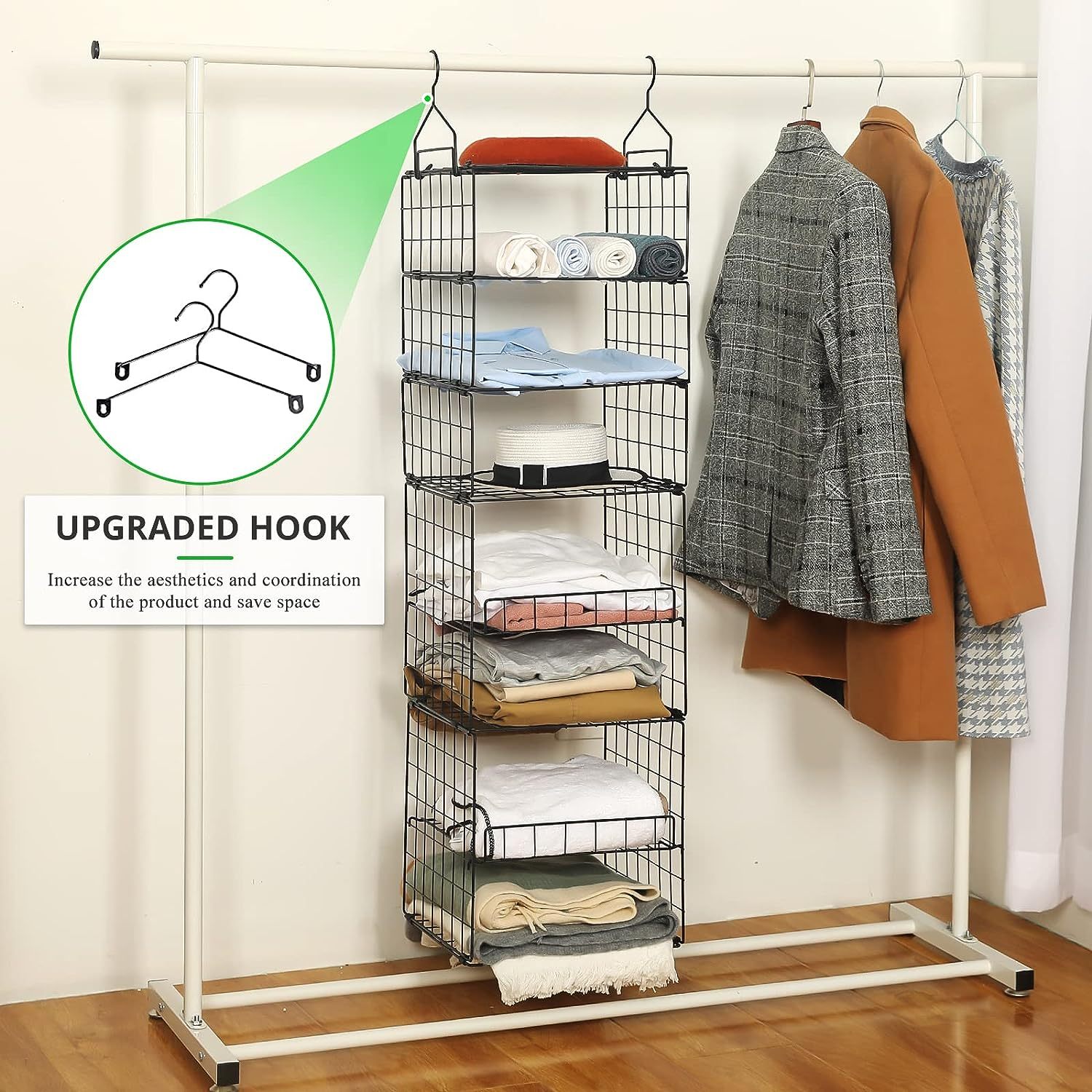 Metal Wire Adjustable 7 Tier Hanging Clothes Shelf for Bedroom Dormitory