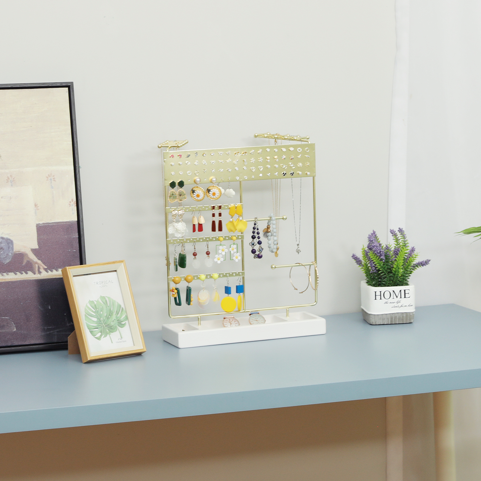 Earring Necklace Holder, Ear Stud Organizer with Wooden Tray