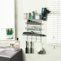 Silver 4 Shelf Wall Mounted Hair Dryer Holder Organizer with Hook