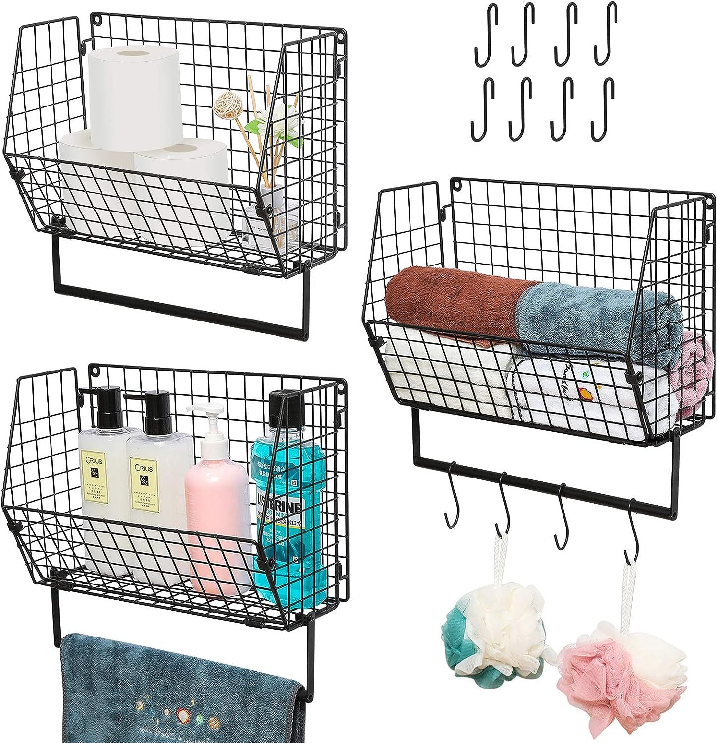 3pcs Coutertop&Wall Mounted Foldable Metal Wire Basket Laundry Room Storage