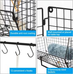 3pcs Coutertop&Wall Mounted Foldable Metal Wire Basket Laundry Room Storage