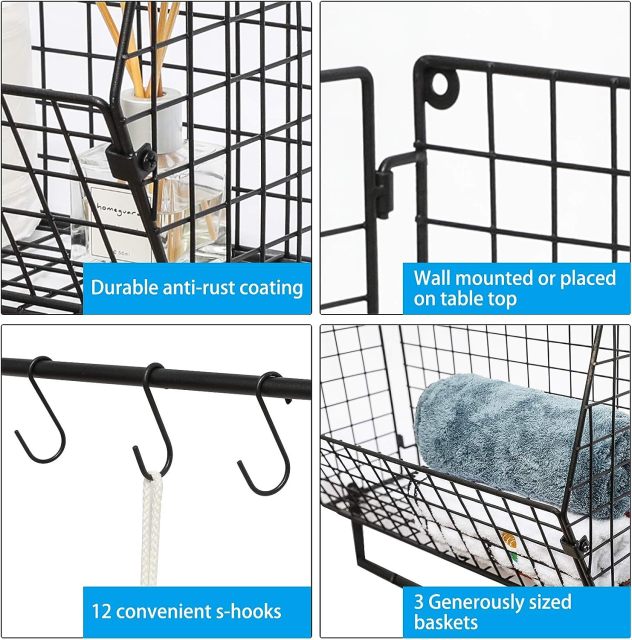 3pcs Coutertop&Wall Mounted Foldable Metal Wire Basket Laundry Room Storage