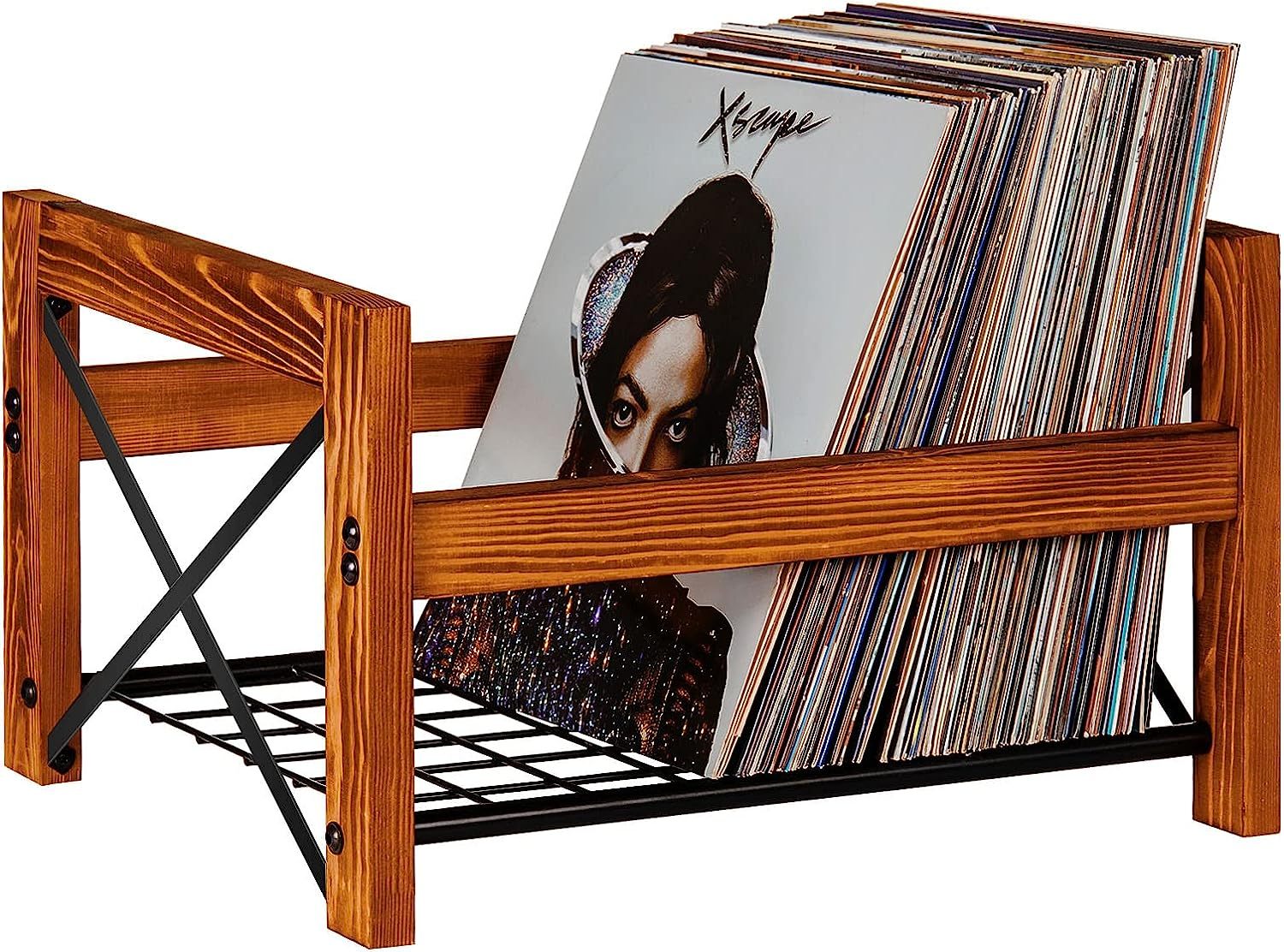 X shaped Wood and Metal Iron Record Holder Record Storage Organizer