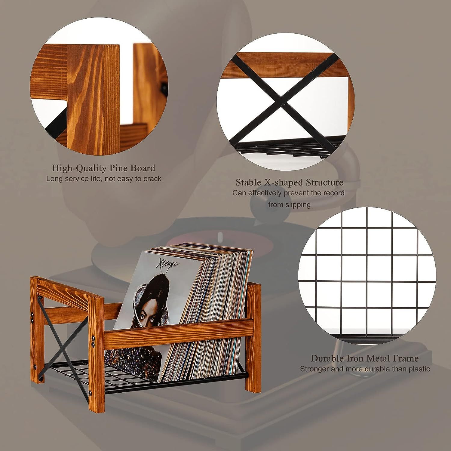 X shaped Wood and Metal Iron Record Holder Record Storage Organizer