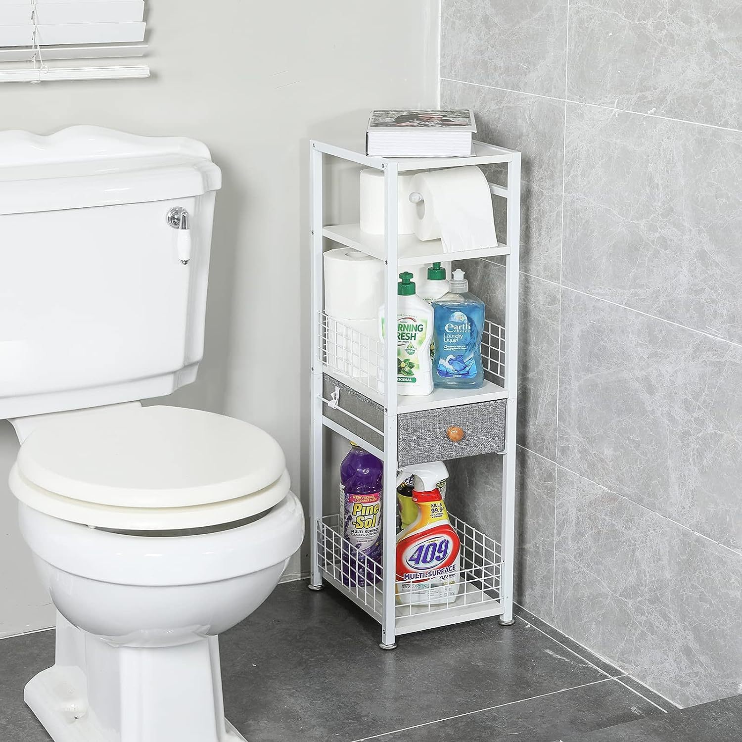 4 Tier Toilet Paper Storage Shelf Bathroom Storage with Drawer