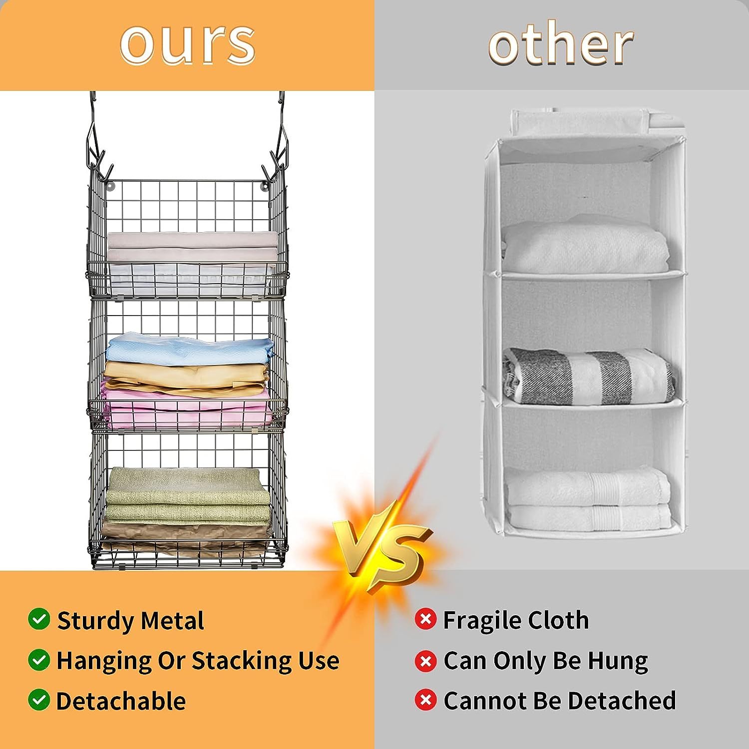 Black 3 Tier Stackable Foldable Hanging Countertop Closet Organizer with Hanging S Hook