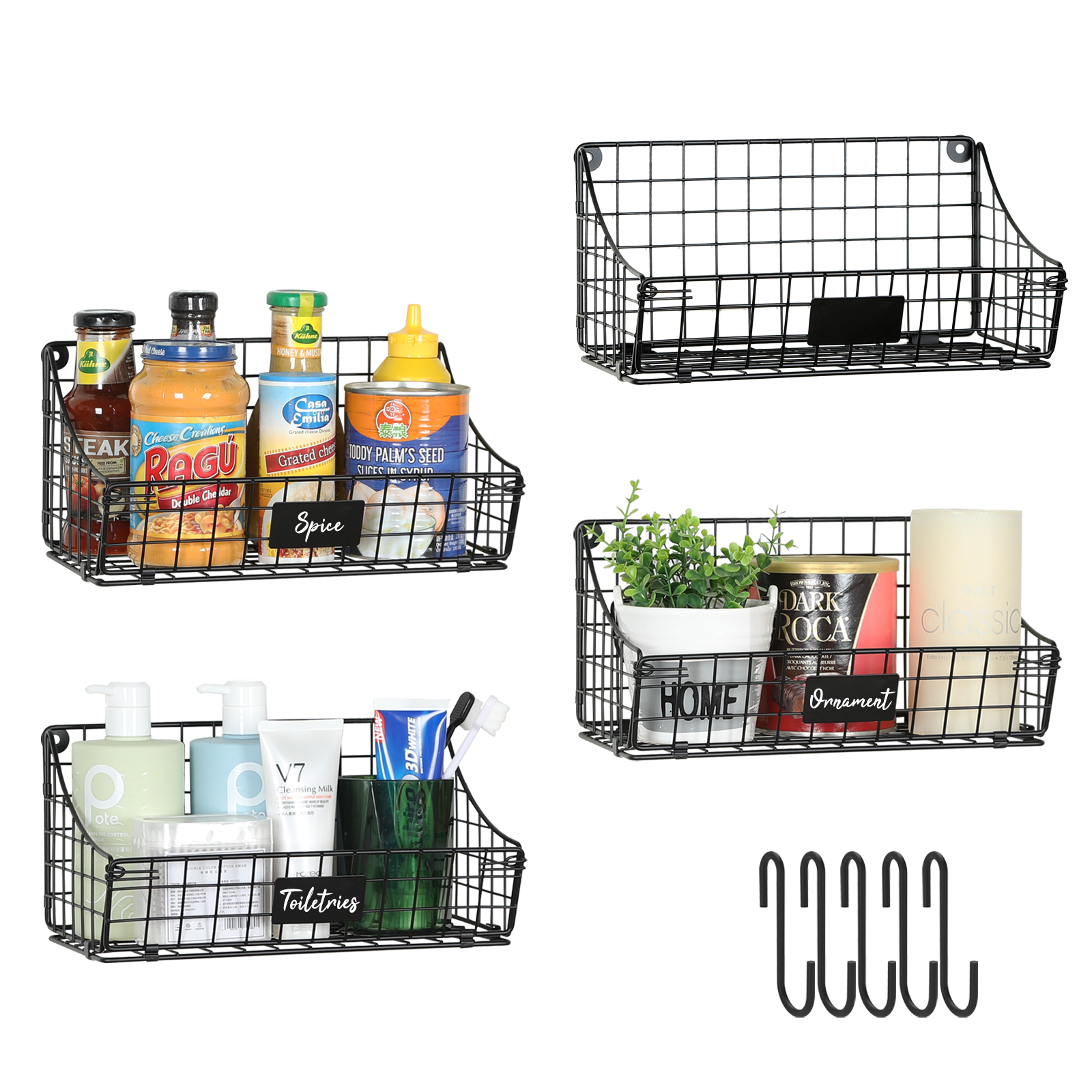 4pcs Foldable Wall Mounted Caddy Storage Wire Basket with Hook