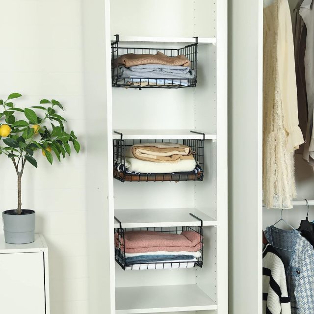 3 Tier Foldable Stackable Under Closet Hanging Shelf Closet Organizer Wire Basket with Hooks