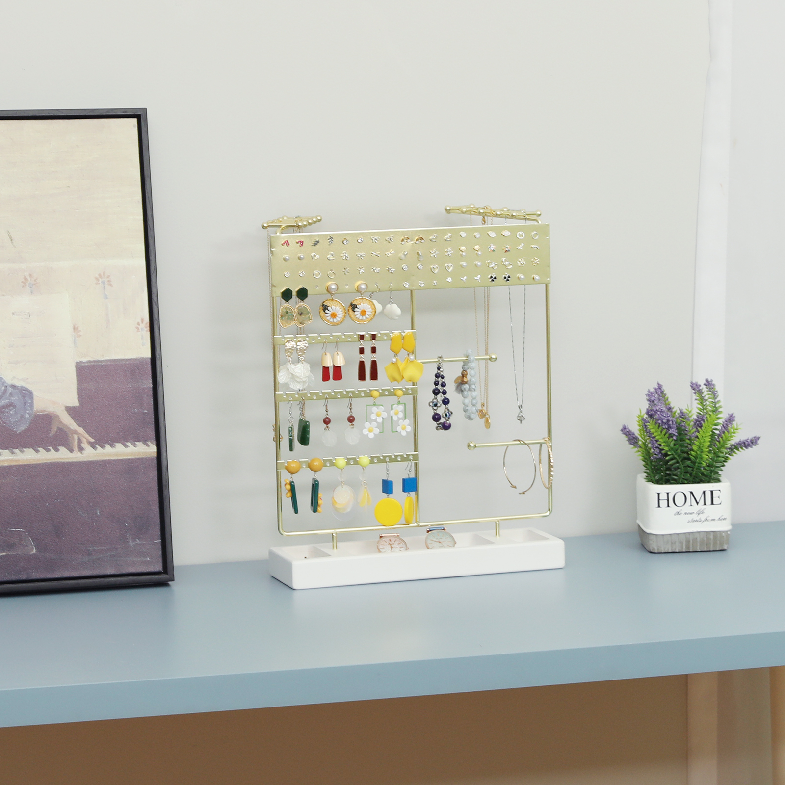 Earring Necklace Holder, Ear Stud Organizer with Wooden Tray