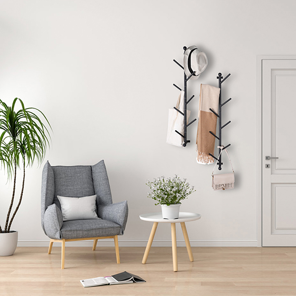 Black DIY 180° Rotary Tree Branch Wall Mounted Coat Cloth Organizer for Entryway