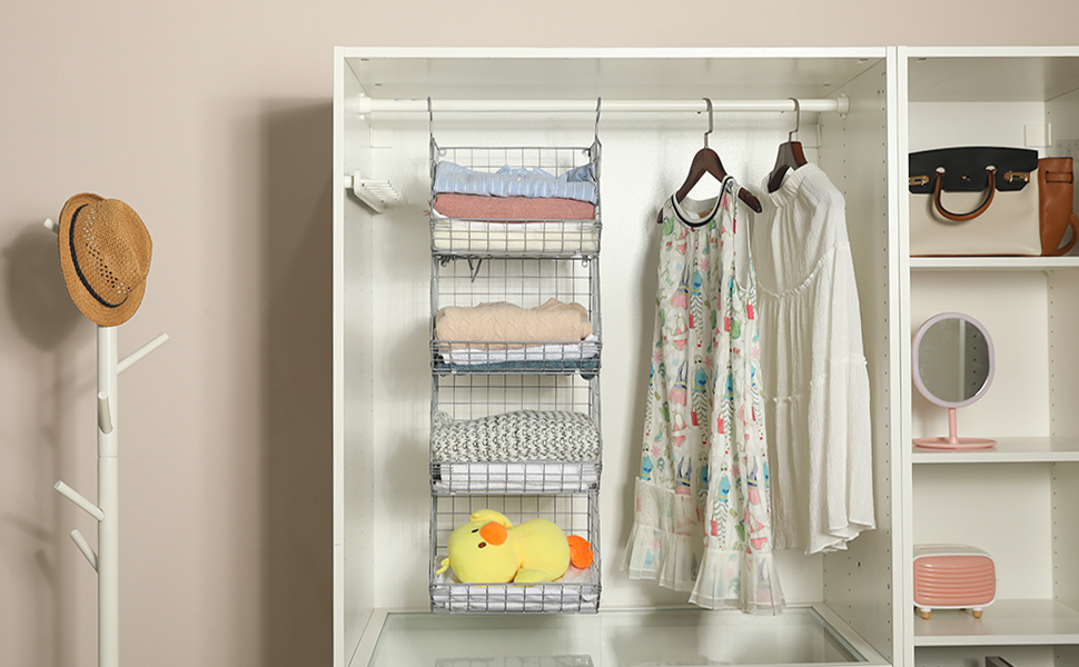 Silver 4 Tier Stackable Foldable Hanging Closet Organizer with Hanging S Hook