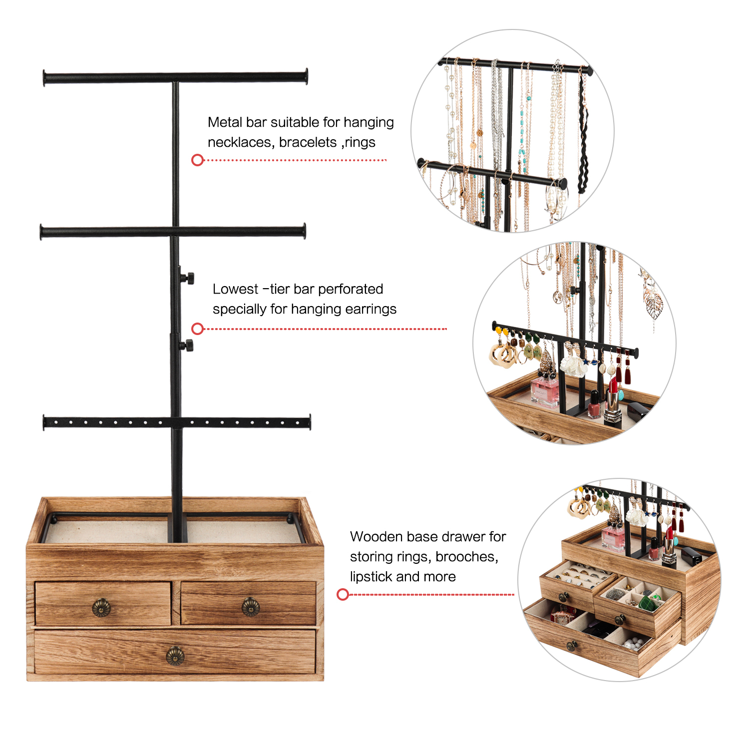 3 Tier Metal Jewelry Necklaces Holder Stand with Wood Basic Storage Box