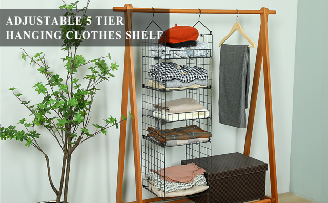 5 Tier Stackable Foldable Hanging Closet Wire Basket Shelf Organizer