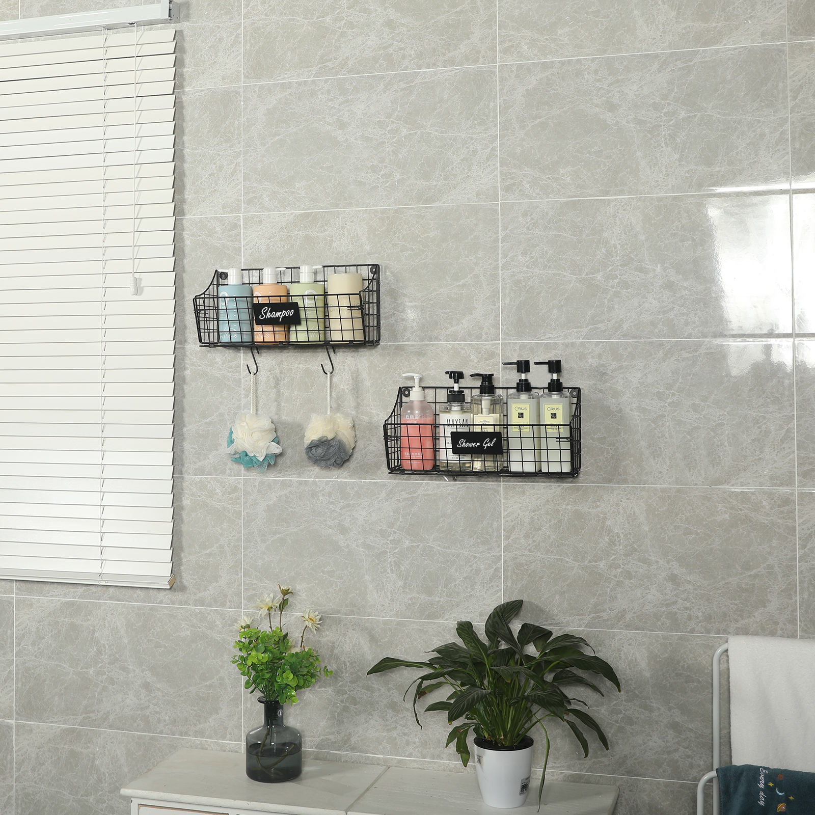 Larger Size 2pcs Foldable Wall Mounted Caddy Storage Wire Basket with Hook