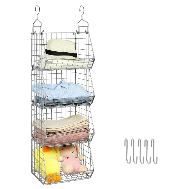 Silver 4 Tier Stackable Foldable Hanging Closet Organizer with Hanging S Hook