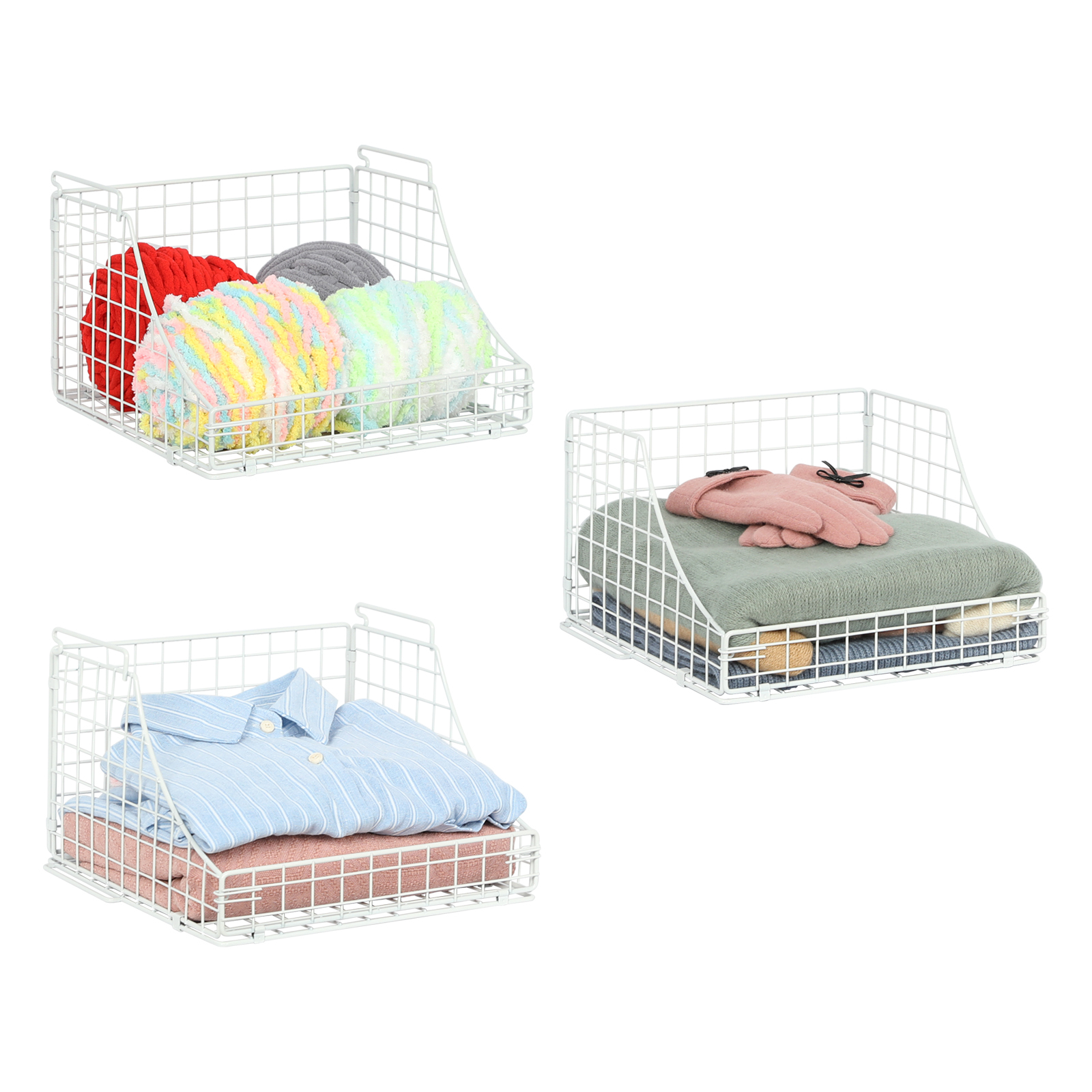 White 3pcs Stackable Foldable Countertop Wall Mounted Wire Basket Closet Organizer