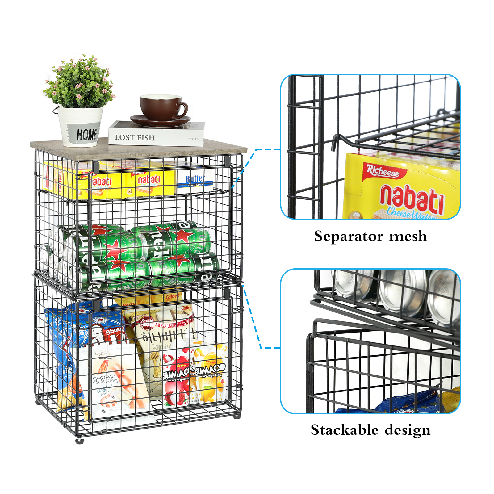 2 Stackable Foldable Big Size Laundry Storage Basket with Wooden Tabletop