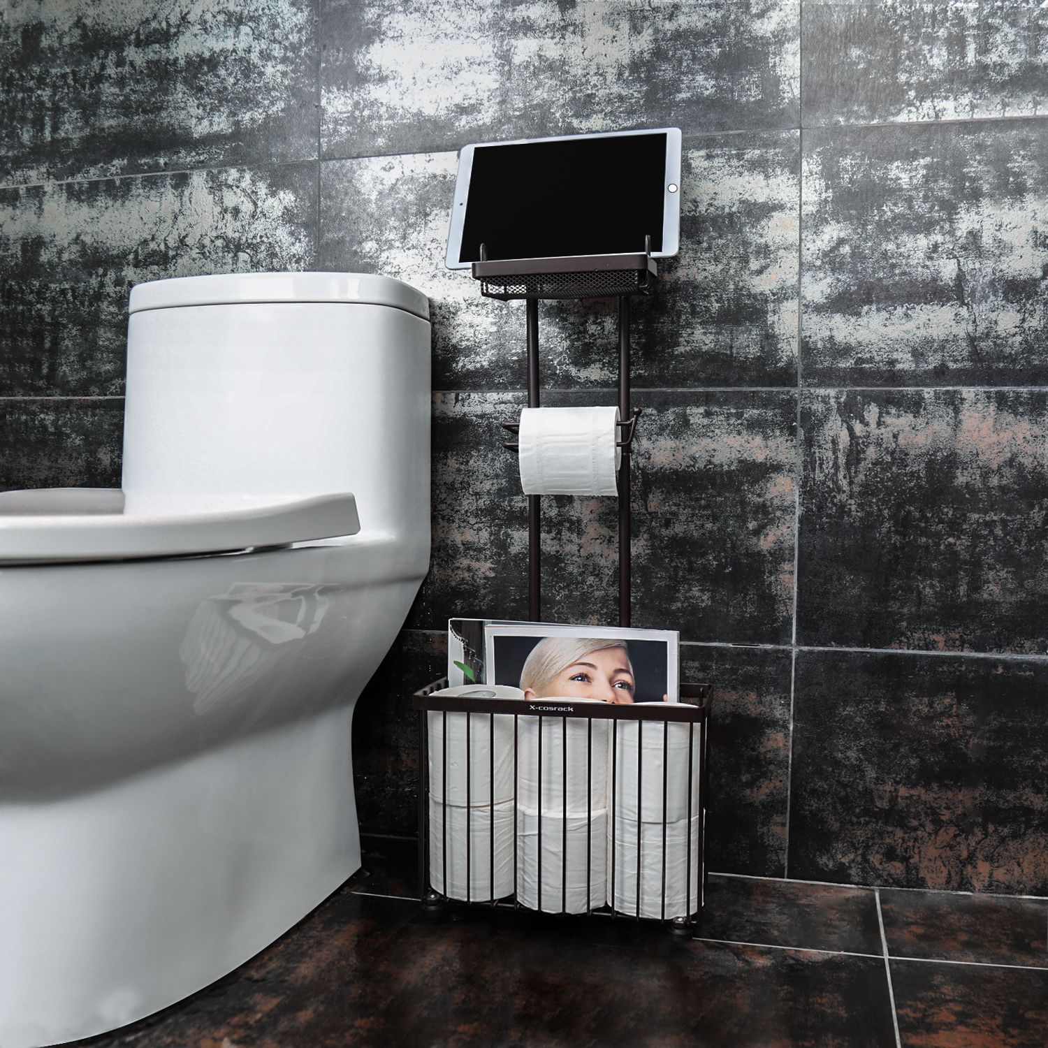 Dark Brown Toilet Paper Holder Racks with Phone Table Storage Tabel