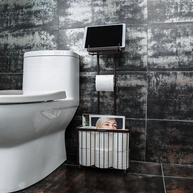 Dark Brown Toilet Paper Holder Racks with Phone Table Storage Tabel