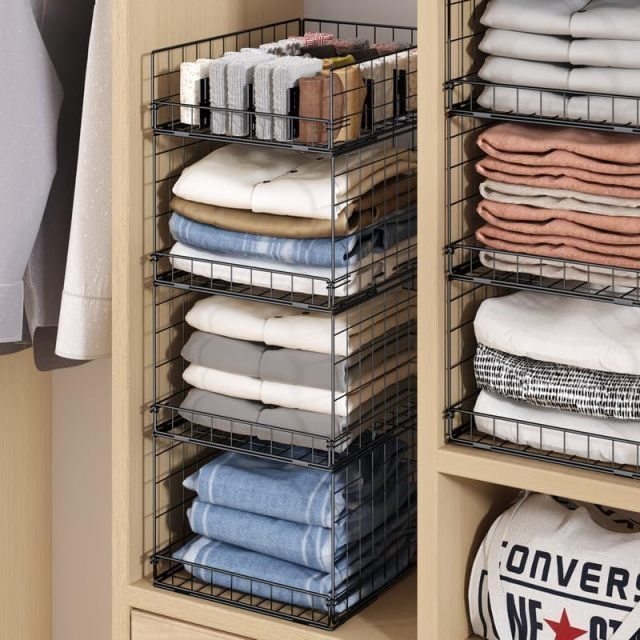 Black Stackable and Foldable Closet Organizers Closet Shelf with Top Devider